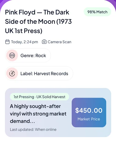 Record detail screen showing the match confidence, genre, label and market price for a 1973 UK first pressing