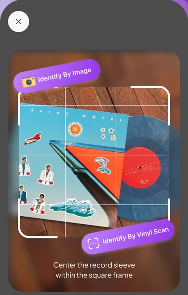 VinylBrain camera view with a record sleeve centred in the square scan frame